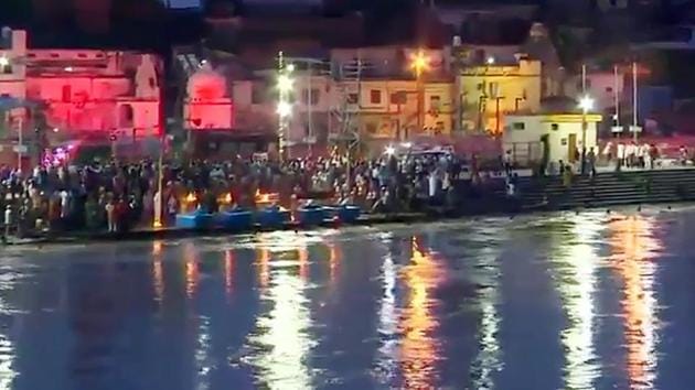 An illuminated view of Ayodhya ahead of foundation stone laying ceremony of Ram Temple, in Ayodhya on August 5. (ANI Photo) An illuminated view of Ayodhya ahead of foundation stone laying ceremony of Ram Temple, in Ayodhya on August 5. (ANI Photo)