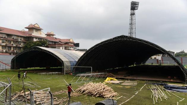 Workers making new Covid-19 care center at Nehru Stadium in Guwahati.(ANI File Photo) Workers making new Covid-19 care center at Nehru Stadium in Guwahati.(ANI File Photo)