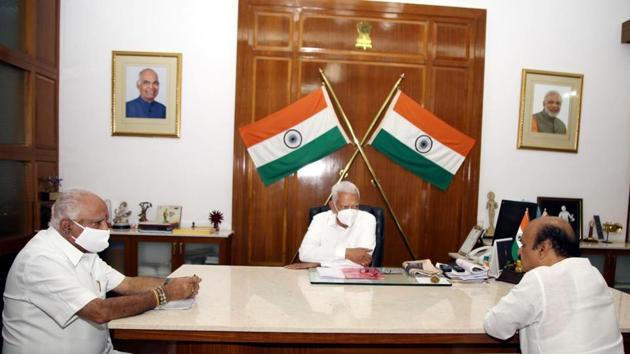 Karnataka chief minister BS Yediyurappa meeting governor Vajubhai Vala on Friday. Karnataka chief minister BS Yediyurappa meeting governor Vajubhai Vala on Friday.