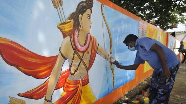 An artist painting Lord Ram on the wall of Karsevak Puram as preparation for the Bhoomi Poojan of Ram Mandir in Ayodhya on Monday.(DEEPAK GUPTA/HT PHOTO.) An artist painting Lord Ram on the wall of Karsevak Puram as preparation for the Bhoomi Poojan of Ram Mandir in Ayodhya on Monday.(DEEPAK GUPTA/HT PHOTO.)