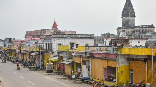 Ayodhya: Shops that fall in the way to the Ramjanmabhoomi site being given a fresh coat of paint as part of preparations ahead of the ceremony for the construction of the Ram Temple in Ayodhya. (PTI) Ayodhya: Shops that fall in the way to the Ramjanmabhoomi site being given a fresh coat of paint as part of preparations ahead of the ceremony for the construction of the Ram Temple in Ayodhya. (PTI)