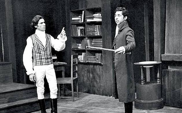 Ebrahim Alkazi’s students Om Puri and Naseeruddin Shah in the play Danton’s Death at the National School of Drama in 1976. (Alkazi Collection of Photography)