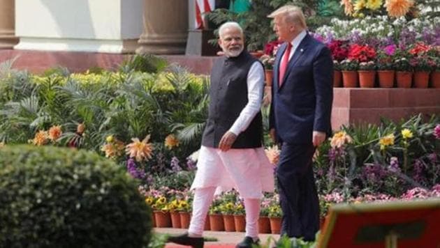 US President Donald Trump and India's Prime Minister Narendra Modi arrive for their joint news conference at Hyderabad House in New Delhi, India, February 25, 2020.