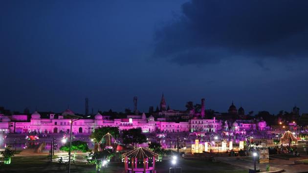 Illuminated city of Ayodhya is seen on Monday, ahead of the groundbreaking ceremony of the Ram temple. (AP Photo) Illuminated city of Ayodhya is seen on Monday, ahead of the groundbreaking ceremony of the Ram temple. (AP Photo)