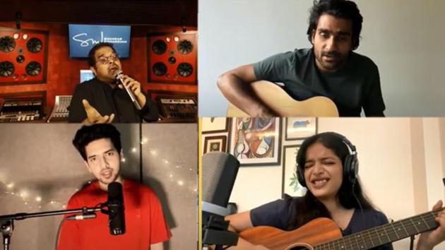 (Clockwise from top) Shankar Mahadevan, Prateek Kuhad, Lisa Mishra and Armaan Malik perform during the Bandish Bandits concert.