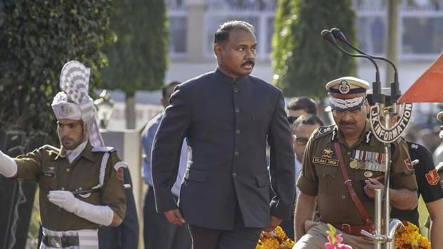 Jammu: First Lieutenant Governor of Jammu and Kashmir, Girish Chandra Murmu, inspects the guard of honour at Civil Secretariat following the annual 'Darbar Move', in Jammu, Monday, Nov. 4, 2019.(PTI)