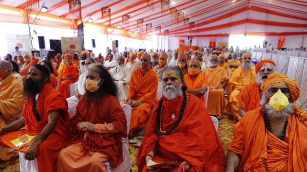 Hindu saints at the Ram temple groundbreaking ceremony in Ayodhya on Wednesday.(AP)