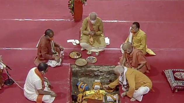 Prime Minister Narendra Modi along with RSS Chief Mohan Bhagwat during the Bhoomi Pujan for the construction of Ram Temple, at Ram Janambhoomi site in Ayodhya.(PT)