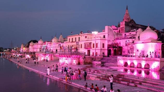 Temples on the bank of Sarayu river illuminated ahead of the foundation-laying ceremony for a Hindu temple in Ayodhya.(REUTERS)
