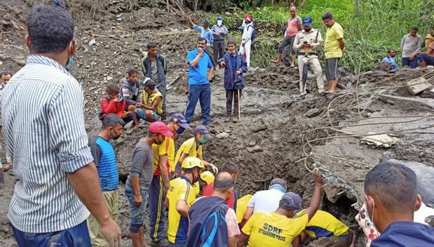 The aftermath of a cloudburst in Pithoragarh in Uttarakhand.(HT FILE PHOTO)