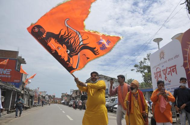 Celebrating the laying of the foundation stone of the Ram temple in Ayodhya, Uttar Pradesh, on August 5, 2020. (Deepak Gupta/Hindustan Times)