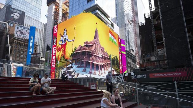 On Wednesday, New York City witnessed the largest high-definition digital display of Lord Ram and the proposed temple at Ayodhya on Broadway.(PTI/AP) On Wednesday, New York City witnessed the largest high-definition digital display of Lord Ram and the proposed temple at Ayodhya on Broadway.(PTI/AP)