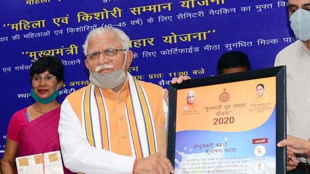 Haryana Chief Minister Manohar Lal launching a poster of the 'Mahila Evam Kishori Samman Yojana' of the Women and Child Development Department in Chandigarh. (HT Photo) Haryana Chief Minister Manohar Lal launching a poster of the 'Mahila Evam Kishori Samman Yojana' of the Women and Child Development Department in Chandigarh. (HT Photo)