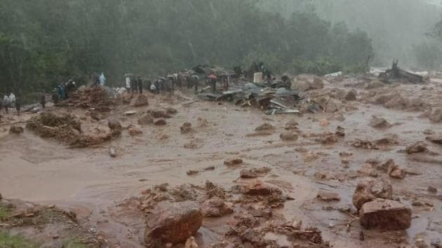 The Rajamala area near Munnar has been witnessing torrential rains since the last three days and has been totally cut off(ANI Photo)