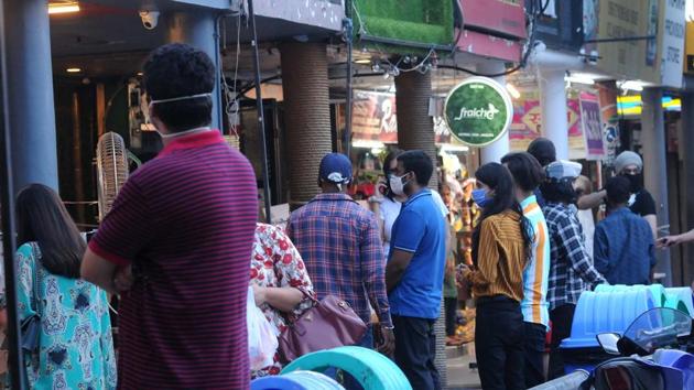 Residents crowd the inner market of Sector 8 even as the number of covid cases continues to rise daily in Chandigarh. (HT File) Residents crowd the inner market of Sector 8 even as the number of covid cases continues to rise daily in Chandigarh. (HT File)