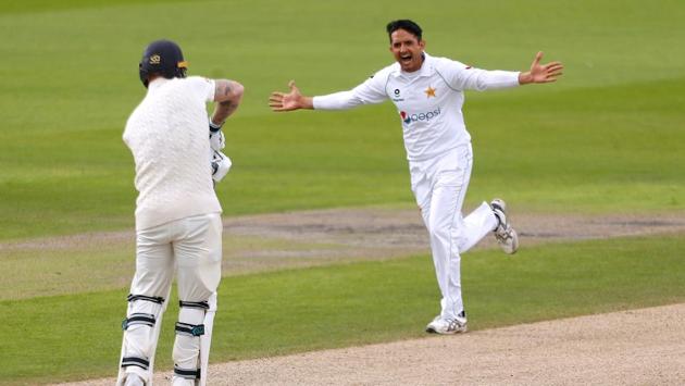 Pakistan's Mohammad Abbas celebrates taking the wicket of England's Ben Stokes. (REUTERS)