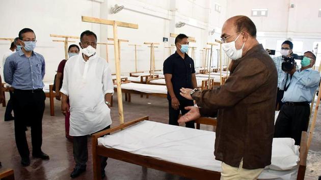Manipur chief minister N Biren Singh after inaugurating a 300-bed Covid-19 care centre in Imphal West District on Monday.(ANI Photo)
