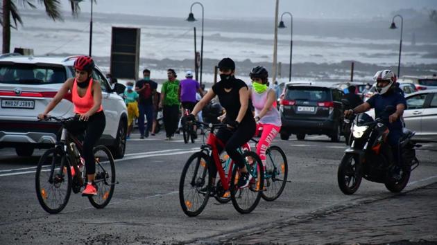 Katrina Kaif enjoying cycling in Mumbai.