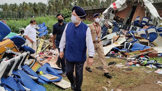 Civil Aviation Minister Hardeep Singh Puri at Kozhikode Airport on Saturday, where an Air India Express flight crash landed on Friday evening. (ANI PHOTO.) Civil Aviation Minister Hardeep Singh Puri at Kozhikode Airport on Saturday, where an Air India Express flight crash landed on Friday evening. (ANI PHOTO.)
