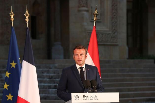French President Emmanuel Macron delivers his speech during a news conference, following Tuesday's blast in Beirut's port area, in Beirut, Lebanon.(REUTERS)