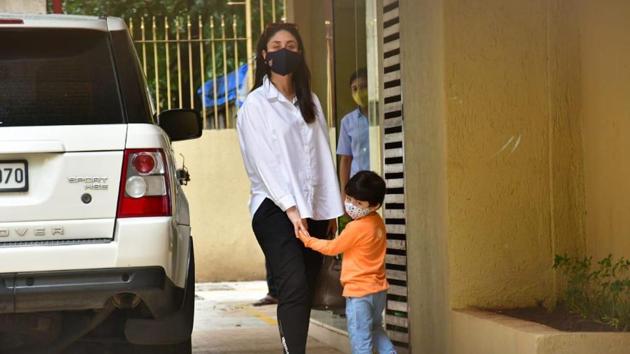 Kareena Kapoor and her son Taimur were seen outside her sister Karisma Kapoor’s home on Sunday. (Varinder Chawla)