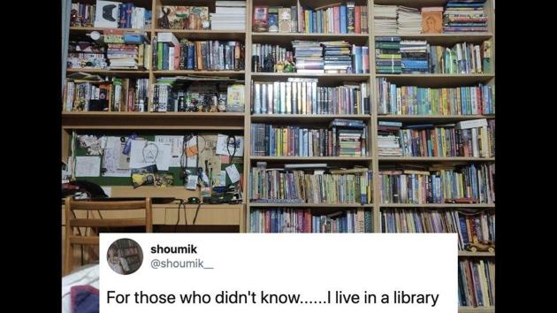 The image shows several wooden shelves filled with books, from top to bottom.(Twitter/@shoumik__)