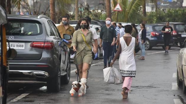 Sophie Choudry walking her dog.