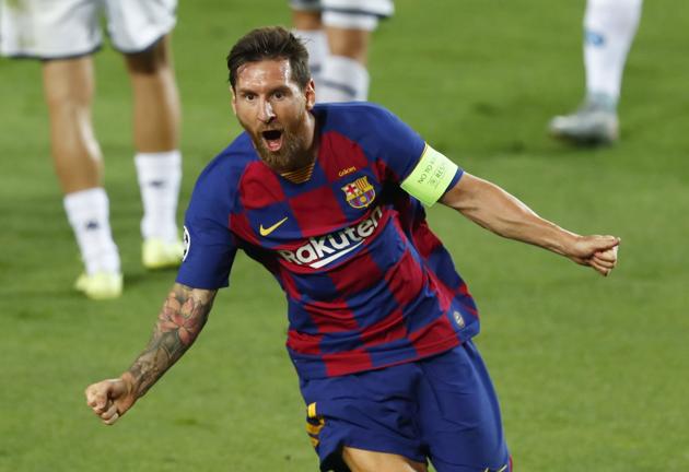 Barcelona: Barcelona's Lionel Messi celebrates after scoring his side's second goal during the Champions League round of 16, second leg soccer match between Barcelona and Napoli at the Camp Nou Stadium in Barcelona, Spain, Saturday, Aug. 8, 2020. (AP) Barcelona: Barcelona's Lionel Messi celebrates after scoring his side's second goal during the Champions League round of 16, second leg soccer match between Barcelona and Napoli at the Camp Nou Stadium in Barcelona, Spain, Saturday, Aug. 8, 2020. (AP)