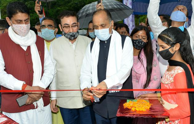 Chief minister Jai Ram Thakur laid foundation stones of various developmental projects in Sullah Vidhan Sabha area of Kangra district on Sunday.(HT Photo)