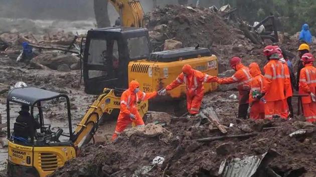 Rescue operations being carried out by NDRF teams after a landslide at Idukki district in Kochi.(ANI PHOTO.)