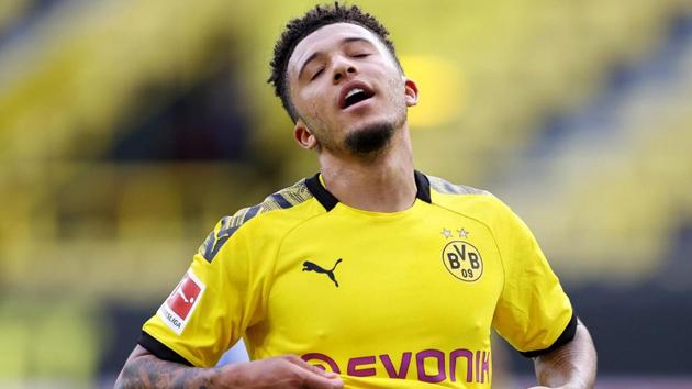 Borussia Dortmund’s Jadon Sancho reacts. (Reuters)