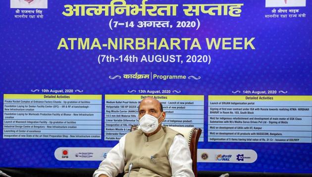 New Delhi: Defence Minister Rajnath Singh virtually inaugurates facilities of OFB, BDL, HAL, BEL, BEML, MIDHANI, GRSE &GSL as part of the celebration of 'Atam Nirbhar Bharat' week (7-14 Aug 2020), in New Delhi on Monday.(PTI)