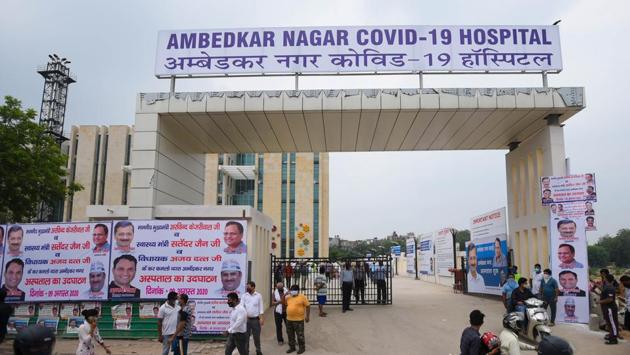 The entrance gate to a new COVID-19 hospital at Ambedkar Nagar in New Delhi on August 9. According to the Health Ministry, in the last one month, the Covid-19 recovery rate has shot up from 48.20% to 68.32%. “Effective Clinical Management based on a Standard of Care approach has led to more patients recovering and lesser fatality,” the health ministry tweeted on August 9. (Amal KS / HT Photo)