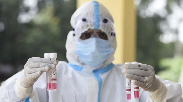 Swab samples collected for RT-PCR coronavirus tests, at an Ayushman Bharat Health and Wellness Centre in Gurugram on August 8. Earlier this month, the Health Ministry had asked state governments to keep up with rampant testing despite the number of positive cases expected to rise, given the amount of tests that are being conducted across the country. (Parveen Kumar / HT Photo)