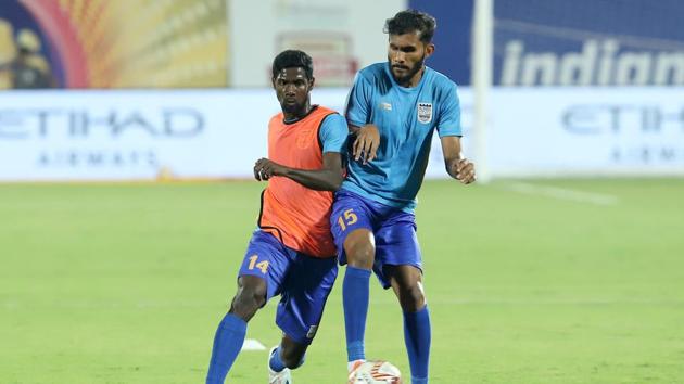 Rowllin Borges and Subhasish Bose warming up before the match 71 of the Indian Super League ( ISL ) between Mumbai City FC and NorthEast United FC held at the Mumbai Football Arena, Mumbai.(SPORTZPICS for ISL)