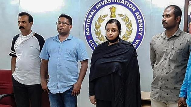 Kerala gold smuggling case accused Swapna Suresh and Sandeep Nair after they were arrested by the National Investigation Agency in Bengaluru last month.(PTI PHOTO.)
