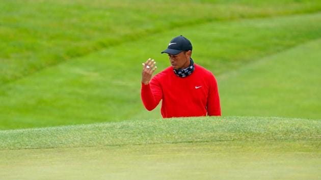 Aug 9, 2020; San Francisco, California, USA; Tiger Woods reacts after playing from the bunker on the 10th hole during the final round of the 2020 PGA Championship golf tournament at TPC Harding Park. Mandatory Credit: Kyle Terada-USA TODAY Sports(USA TODAY Sports)