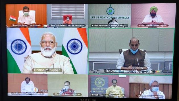 PM Modi holding a video conference with chief ministers of different states on the Covid-19 situation.(ANI Photo)