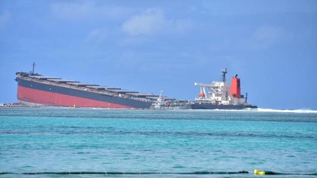 MV Wakashio seen aground off the coast of Mauritius on August 10. The 300-meter-long vessel was en route to Brazil from China and one of its five fuel oil tanks, holding about 1,180 tons, ruptured last week off the Mauritius coast. (Dev Ramkhelawon / L'Express Maurice / REUTERS)
