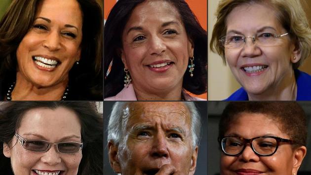 California Senator Kamala Harris in Detroit, Michigan and US Democratic presidential candidate and former Vice President Joe Biden in Wilmington among several other women in the VP race.(AFP)