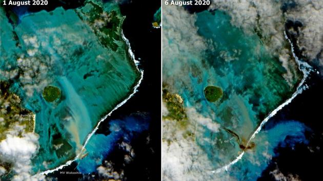 A set of comparative images show waters near Pointe d’Esny before and after the oil leak on August 1 and August 6. Mauritius Prime Minister Pravind Jugnauth told Reuters that the ship has now stopped leaking oil into the Indian Ocean but the island nation must still prepare for “a worst case scenario.” Mauritius declared a state of emergency after environmentalists said it could be a major ecological crisis. (Courtesy of European Union, Copernicus Sentinel-2 Imagery via REUTERS)