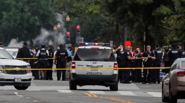 According to CNN, Trump was being escorted out from the briefing room, as there was a shooting outside the White House. (Reuters Photo) According to CNN, Trump was being escorted out from the briefing room, as there was a shooting outside the White House. (Reuters Photo)