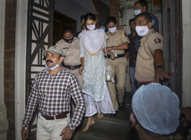 Actor Rhea Chakraborty leaves the Enforcement Directorate (ED) office after being questioned in connection with the death of Sushant Singh Rajput in Mumbai in this file photo.(PTI)