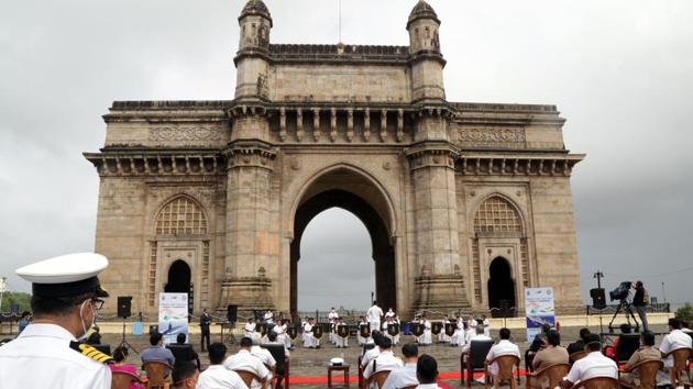 The Indian Naval band performs at Gateway of India as tribute from Indian Armed Forces to ‘Corona Warriors,’ as part of Indian Independence Day celebrations in Mumbai on August 8. Maharashtra state has been working at improving its Covid-19 recovery rate even as the pandemic shows no sign of flattening its curve. (Defence PRO Mumbai / HT Photo)