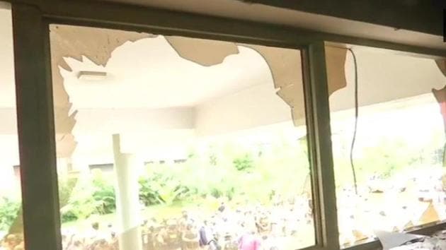 A police station was also vandalised in Bengaluru on Tuesday. (ANI Photo) A police station was also vandalised in Bengaluru on Tuesday. (ANI Photo)