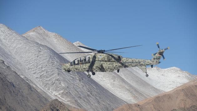 A HALlight combat helicopter during a flight in Ladakh.(HAL)