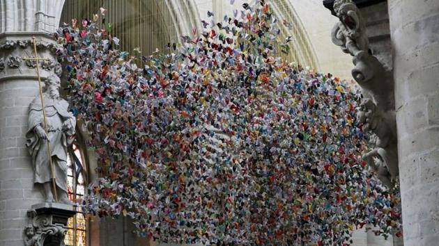 An art installation made of 20,325 origamis called "Origami For Life" by Belgian designer and artist Charles Kaisin in Brussels, Belgium. (REUTERS/Yves Herman)