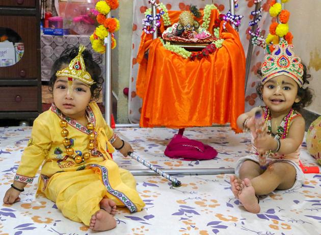 Premium Vector | Happy krishna janmashtami set of two poses lord krishna  with flute