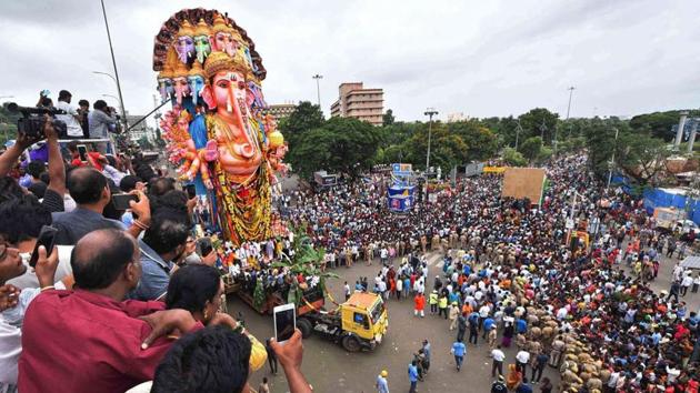 Devotees carry the 61ft tall Lord Ganesh idol for immersion in Hyderabad on September 12, 2019. (PTI File Photo)
