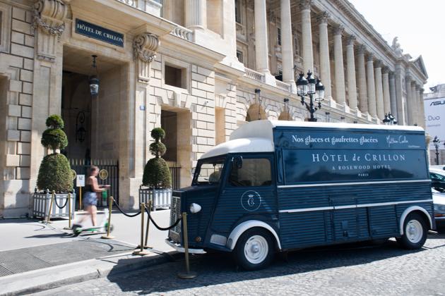 A vintage ice cream truck sits outside the closed Hotel de Crillon, one of the 12 high-end hotels in Paris that are classified as palaces, ahead of reopening, in Paris, France, on Wednesday, Aug. 12, 2020. (Bloomberg)